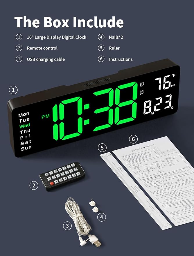 MASHI Digital Wall Clock, 16" Large Display Digital Clock with Remote Control, Auto-Dimming Wall Clock with Night Light, DST, Date Week,Temp for Living Room, Bedroom, Decor, Gift for Elderly