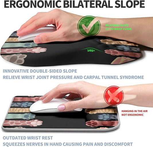 Ergonomic Raised Mouse Pad Wrist Support with Bilateral Slope Memory Foam Mousepad for Wrist Rest and Carpal Tunnel Pain Relief 11.8x7.9〃Cat Claws