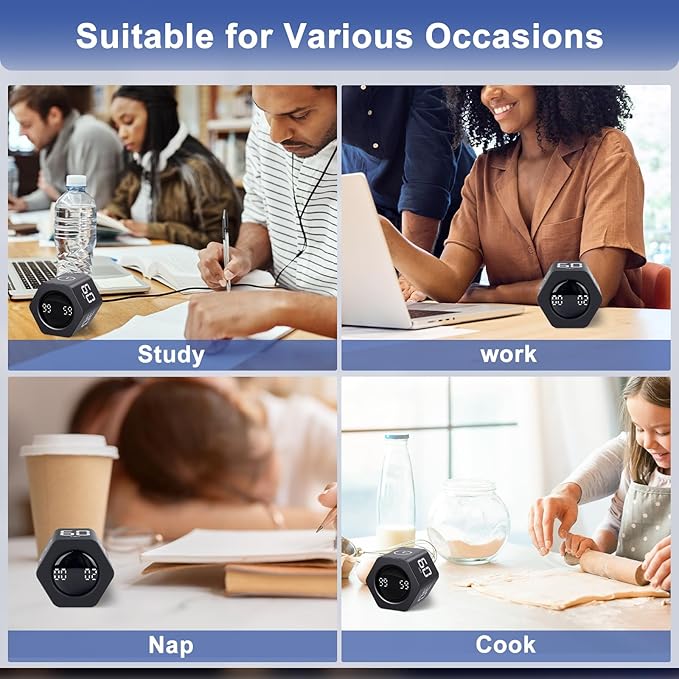 GuDoQi Rotating Pomodoro Timer 1 5 10 30 60 Min Preset, Hexagon ADHD Flip ProductivityTimer Tool Pause, Vibration, Mute, Adjustable Sound Alert for Work, Study, Back to School, Kitchen, Black