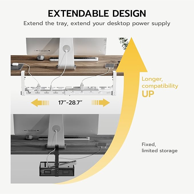 ARES WING 17"-28.7" Extendable Under Desk Cable Management Tray with Cable Slots, Clamp On Cord Organizer Holds Up to 11 lbs, White Metal Under Desk Storage for Office and Gaming Accessories