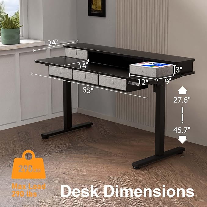 XINYAO Electric Standing Desk with 5 Drawers, 55x24 Inch Height Adjustable Sit Stand Up Desk with Storage Support 290lbs Ergonomic Rising Table with Wheels for Home Office