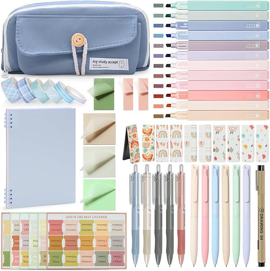 54Pcs Bible Journaling Kit with Pencil Case, Bible Highlighters and Pens with Tabs, Notebook, Bible Study Supplies Journel Essentials Accessories Tools for Women,Back to School Gifts (Blue)