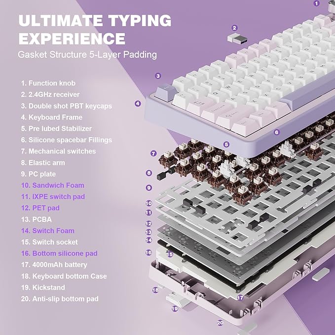 YUNZII B75 PRO Wireless Mechanical Keyboard,75% Layout with Knob,Hot Swap Gasket Custom Structure,Creamy Pre-lubed Switches,RGB Backlit,Bluetooth/Type-C/2.4G for Win/Mac(Cocoa Cream V2 Switch,Purple)