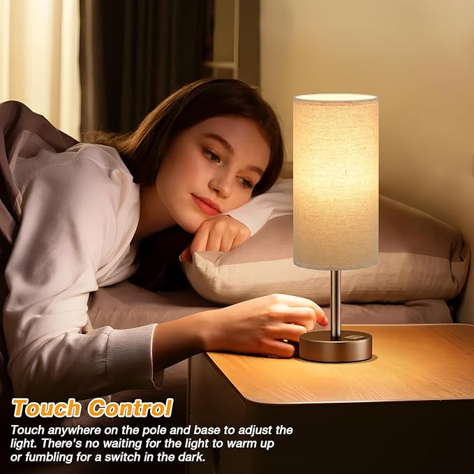 Beige Touch Table Lamp for Bedroom - 3 Way Dimmable Bedside Lamp with USB, Nightstand Lamp with Brown Charging Station for Desk, Dorm, Office