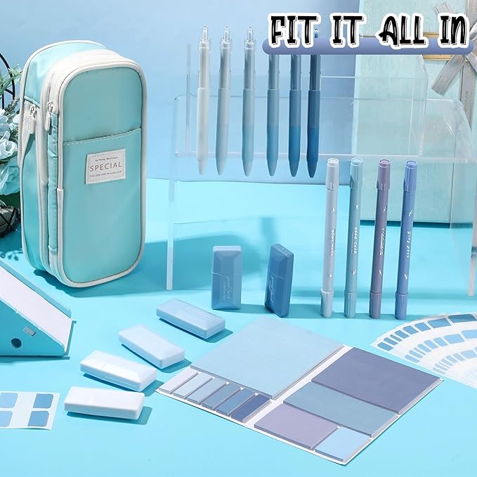 Janlaugh 38 Pcs Aesthetic College School Supplies with Pen Case Sticky Notes Gel Pens Highlighters Correction Tapes Back to School Stationery Kit(Light Blue Color,Classic)