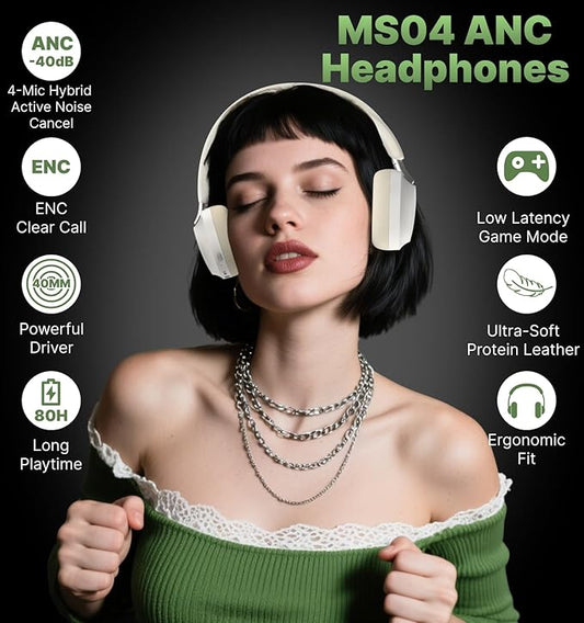 Hmusic MS04 Noise Cancelling Over Ear Headphones, 40dB Hybric ANC Headphones, 2 Mic ENC, 80H Long Battery Life, 3.5 Audio Wired/Bluetooth 5.3,Foldable w/Case,Sound Proof for Game/Travel/Work/Commute