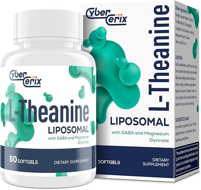 Liposomal L-Theanine 500mg, Complex with GABA 200mg & Magnesium 100mg, Extra Strength Supplement for Calm, Relaxation & Focus, Gluten Free - 60 Capsules
