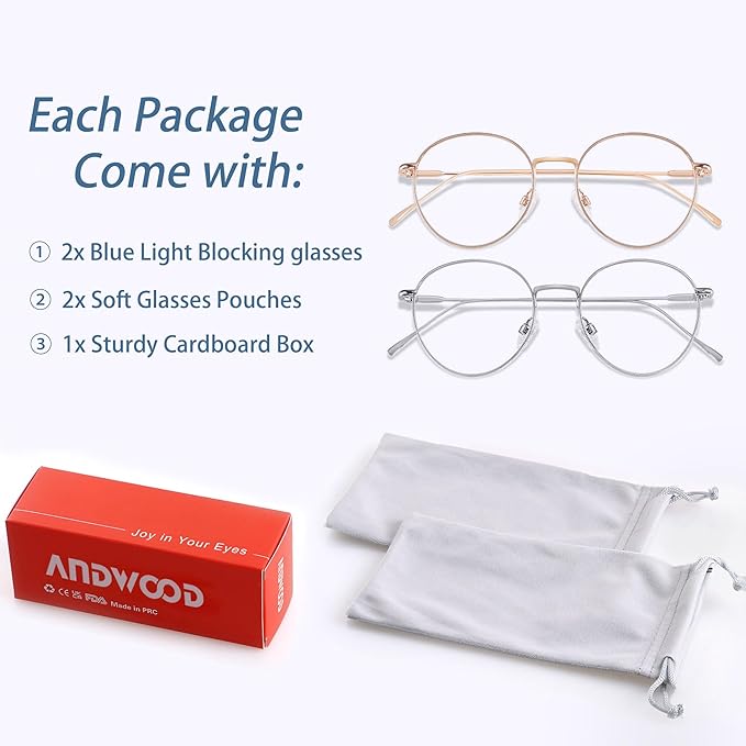 ANDWOOD Blue Light Blocking Glasses Women Men Small Face Computer Clear Bluelight Blocker Super Lightweight Metal Frame Round