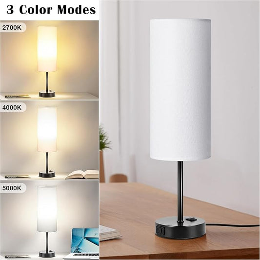 ZJOJO Table Lamp for Bedroom 2 Pack,18in Bedside Lamps with 3 Way Dimmable Rocker Switch & AC Outlet,Nightstand Desk Lamp with White Fabric Shade Black Basee for Living Room Home Decor Lights