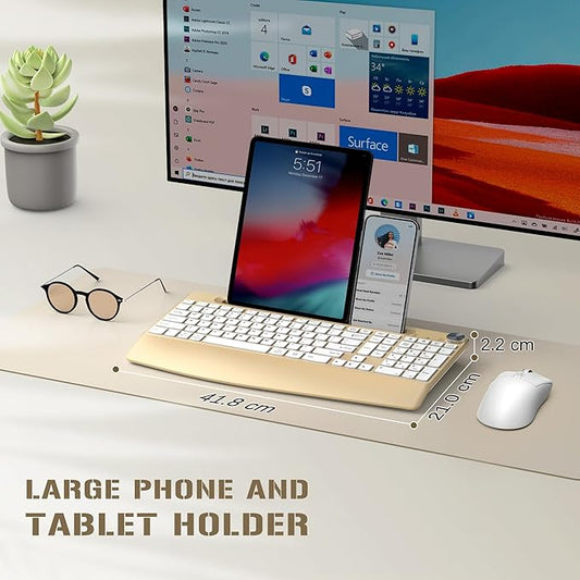 Ergonomic Wireless Keyboard and Mouse with Wrist Rest,Phone Holder - 2.4GHz Full-Sized Low-Profile Quiet Gold Wireless Mouse and Keyboard Combo for Computer, Laptop, PC, Mac-Gold