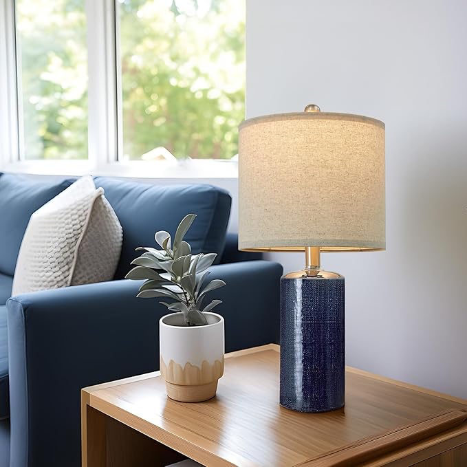 20.25/inch Modern Ceramic Table lamp Set of 2 Small Farmhouse Bedside lamp Dark Blue Nightstand Lamp End Table Lamps for Living Room Bedroom Study Office AMZ-T1109BL0