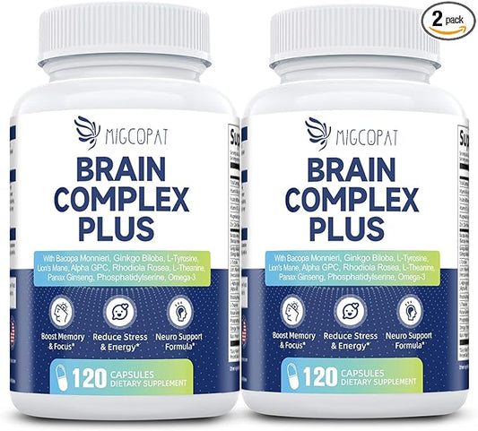 2-Pack Brain Supplements for Memory & Focus | Nootropic with Bacopa, Lion's Mane, Alpha GPC | Mental Clarity & Cognitive Support | Vitamin B6 & B12 – 240 Caps (120/Bottle)