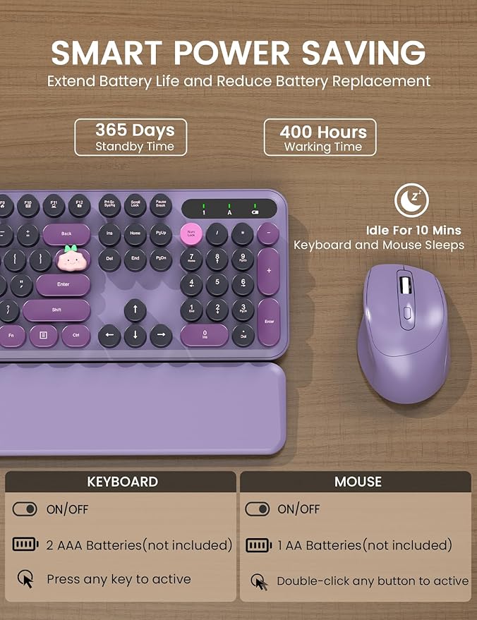 Wireless Keyboard and Mouse - Cute Typewriter Keyboard with Detachable Wrist Rest, Retro Round Keycaps, Foldable Legs, 2.4GHz Full-Size Keyboard Combo for PC, Laptop, Windows - Trueque (Grape Purple)