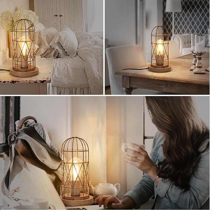 Touch Control Table Lamp for Small Spaces - 3 Way Dimmable Nightstand & Bedside Lamp for Bedroom & Living Room, Rustic Wood Cage Shade, Bulb Included