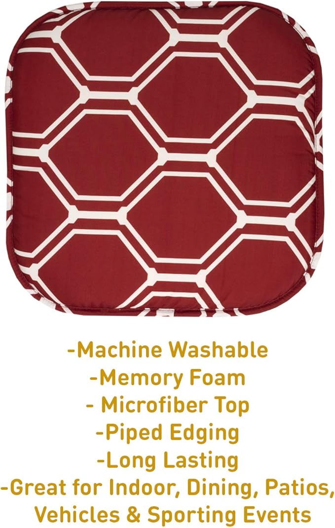 Sweet Home Collection Chair Cushion Memory Foam Pads Honeycomb Pattern Slip Non Skid Rubber Back Rounded Square 16" x 16" Seat Cover, 2 Pack, Mirage Wine/White 2 Count