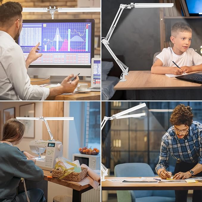 LED Desk Lamp with Clamp, Super Bright Double Head Task Light, 5 Color Modes, 10%~100% Dimmable Brightness, Modern Swing Arm Workbench Light