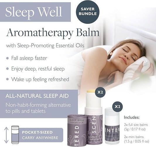 Scentered Sleep Well Aromatherapy Essential Oils Balm Saver Bundle - 2 x 5g Balms & 2 x Mini Travel Balms - for Restful Sleep - Natural Blend of Lavender, Chamomile, Ylang Ylang