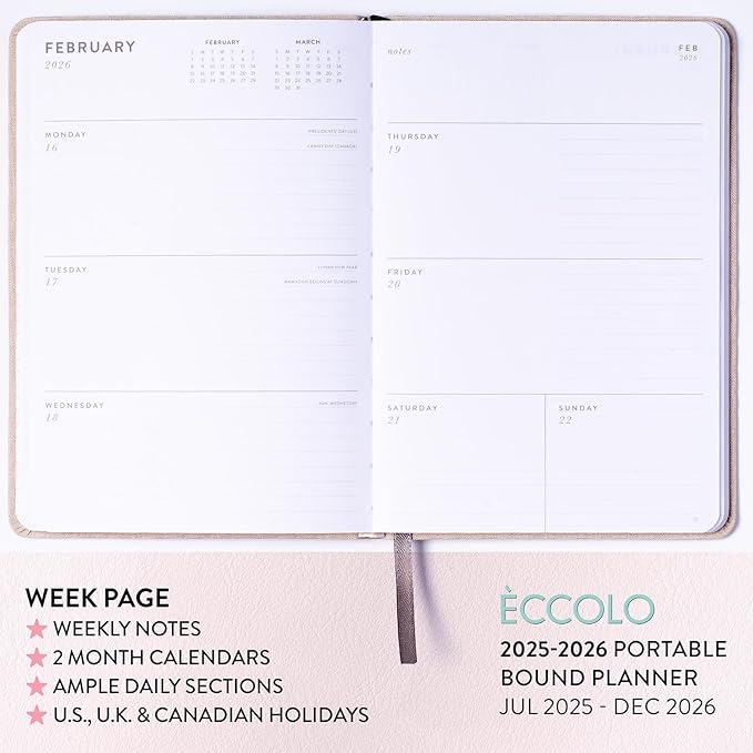 2025-2026 Eccolo 18 Month Linen Bound Planner, Monthly & Weekly Pages (5.25 x 7.75" - July 2025 to Dec 2026 - Delicate Floral)