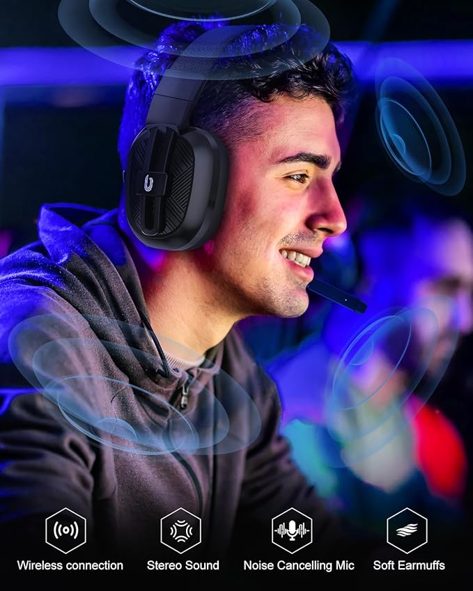 Jeecoo 2.4GHz Wireless Gaming Headset with Microphone for PC PS5 PS4, Bluetooth 5.3 Gaming Headphones with Noise Canceling Mic for Laptop, Mobile, Mac, Stereo Sound, 50+Hr Battery, Low Latency
