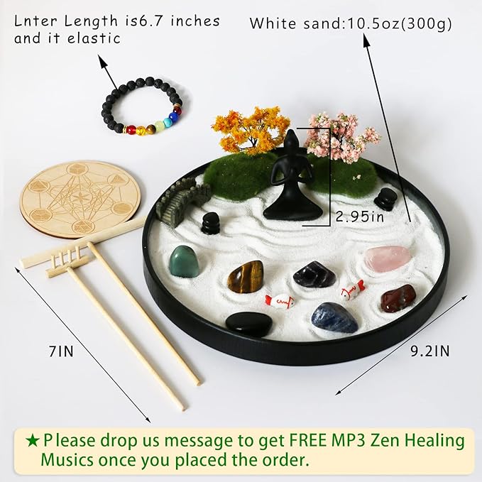 Zen Garden for Desk Tabletop Chakra Zen Healing Gifts Sand Tray Therapy Kit Set Japanese Decoration Crystal Quartz Rock Mini Garden Home Office Stress Relief Spiritual Decor Healing Gifts for Yoga