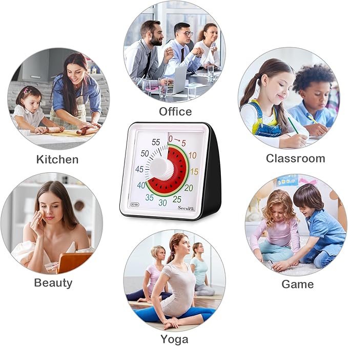 Secura 60-Minute Visual Countdown Timer for Kids & Adults, Classroom Time Management Tool (Black)