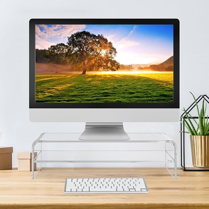 20in Large Acrylic Monitor Stand, 2-Tier Premium Large Laptop Stand, Acrylic Computer Monitor Riser for Home, Office, Business, Keyboard Storage, Multi-Media Laptop, Printer, TV