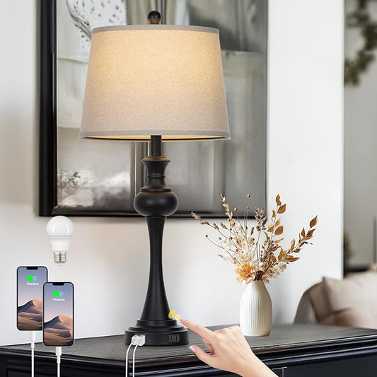 28.75'' Modern Black Metal Table Lamps Living Room Lamp for Nightstand Bedside End Lamp Home Decor Touch Lamp Modern Lamps with USB A+C Ports & Outlets (Bulb Included)