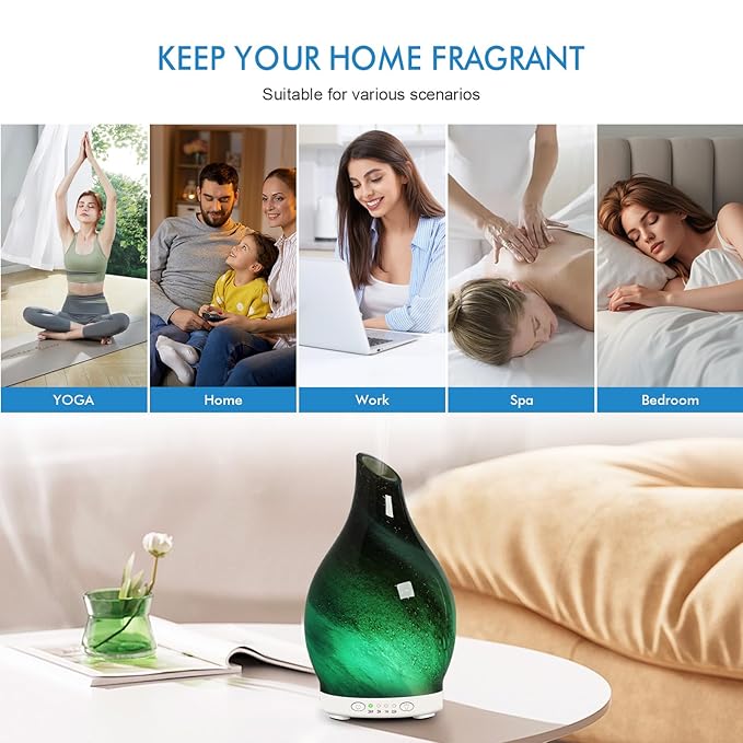 Aromatherapy Diffuser Essential Oil Diffuser - Glass Diffuser Ultrasonic Cool Mist Aroma Diffuser 120ml Scented Oil Diffuser with Auto-Off Protection & 7 Colors Night Light for Home Office Decor&Gift