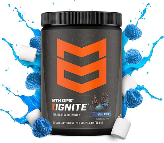 MTN OPS Ignite Energy Drink Powder, Gluten Free Nootropic Supplement Drink Mix, L Arginine, L Citrulline, Caffeine & Nootropic Sugar Free Drink Mix, 45 Servings, Bull Rush
