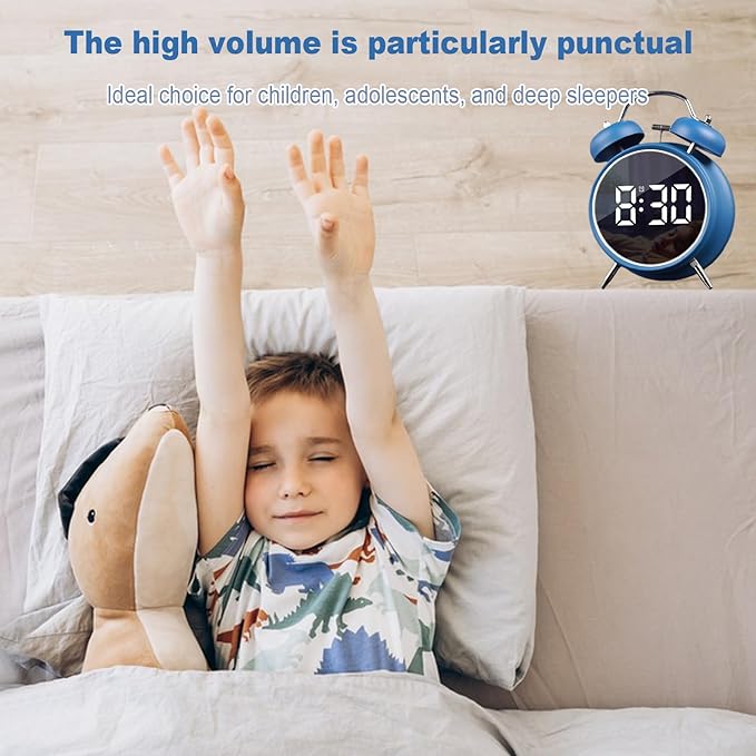 JUSTUP Digital Small Alarm Clock, 4.5 Inch Double Bell Electronic LED Alarm Clock, Plug in or Battery Operated Silent Metal Table Clock, Bedside Loud Bell Clock for Heavy Sleepers Adults Kids (Blue)