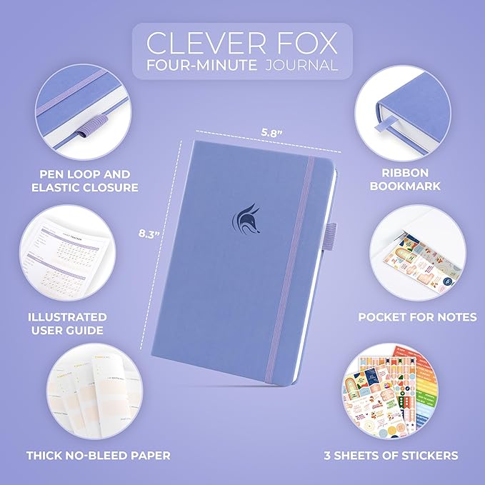 Clever Fox Four-Minute Journal – Daily Positivity Journal with Prompts – Motivational Affirmation, Mental Health & Habit Tracker (Lavender)
