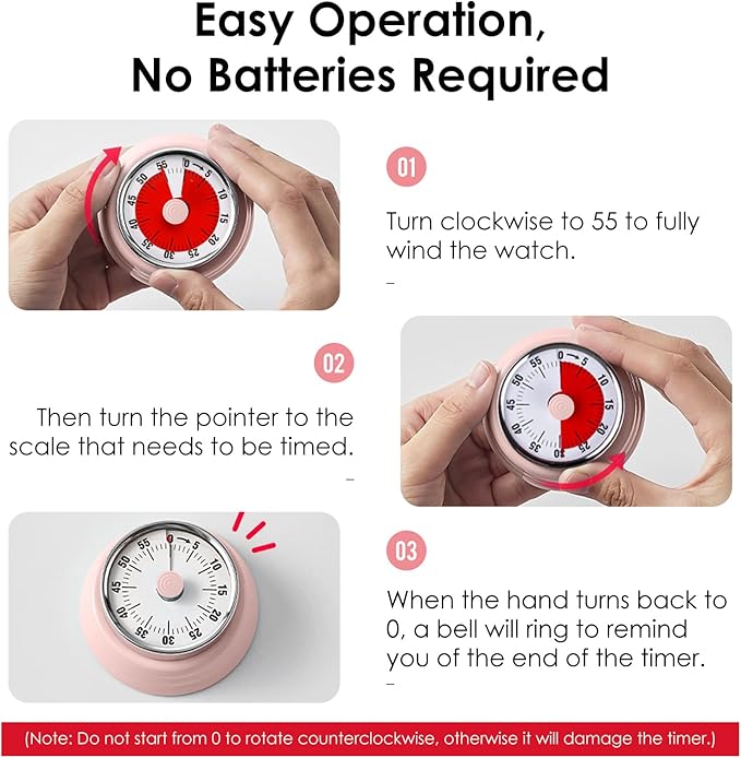 Visual Timer, Teeloray 60-Minute Countdown Timer, Kitchen Timer with Magnetic Base, Mechanical Clockwork, Ringer Alert, Time Management Tool for Children and Adults, Study/Work/Cooking (Pink)