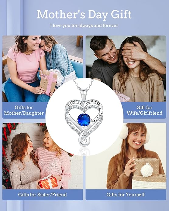 Jewelry for Women Wife Infinity Heart Birthstone I Love You Necklace S925 Anniversary Women Necklaces for Her Wife Birthday Gift Ideas, Birthday Present for Girlfriend Mom Daughter Sterling Silver