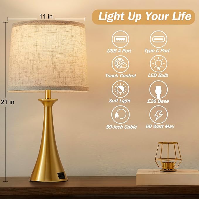 Touch Table Lamp for Living Room Bedroom, 21" Table Lamps Set of 2 with USB C+A Ports, Touch Bedside Lamps for Nightstand with 3 Way Dimmable, 2 LED Bulbs Included, Gold
