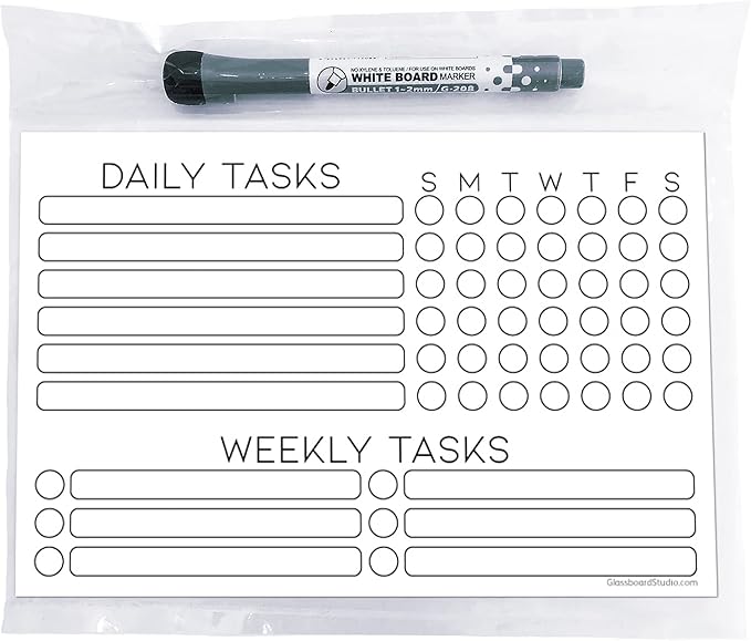 Dry Erase Whiteboard Task Planner by Glassboard Studio | Removable and Restickable Adhesive Decal | Fine-Tip Magnetic Marker Included (6 x 9 inches, White)