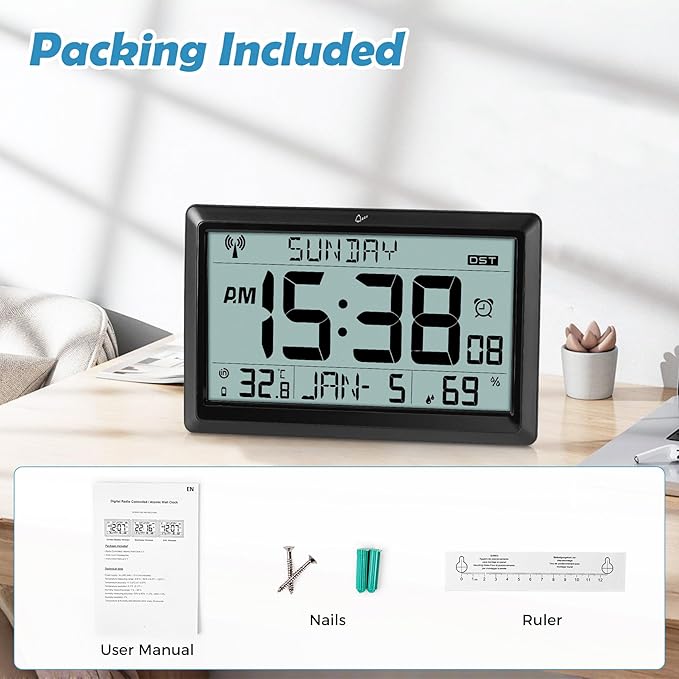 SZELAM Atomic Clock,10.5"Large Display Digital Wall Clock Battery Operated,Digital Calendar Auto Setting Desk Clocks with Indoor Temperature,Humidity,Date,Day,Auto DST for Elderly Bedroom-No backlight