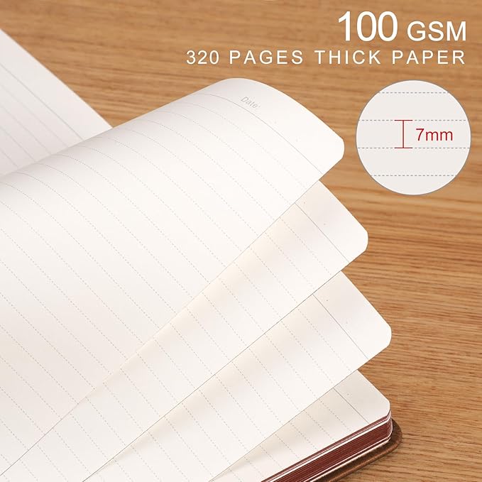 AHGXG Thick Journal Lined Notebook for Men - 320 Numbered Pages A5 College Ruled Notebook for Writing, 100gsm Paper, Vintage Leather Hardcover, for Women Work Office School, 5.75'' X 8.38''- Brown