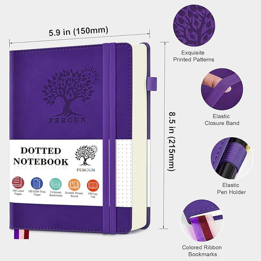 PERCUN Dotted Journal Notebook for Men & Women, 160 Pages Dot Grid notebook for Note Taking, Bullet Journaling Notebook for Work, School, Travel, Writing, A5 Hardcover 5.9" x 8.5"(Purple)