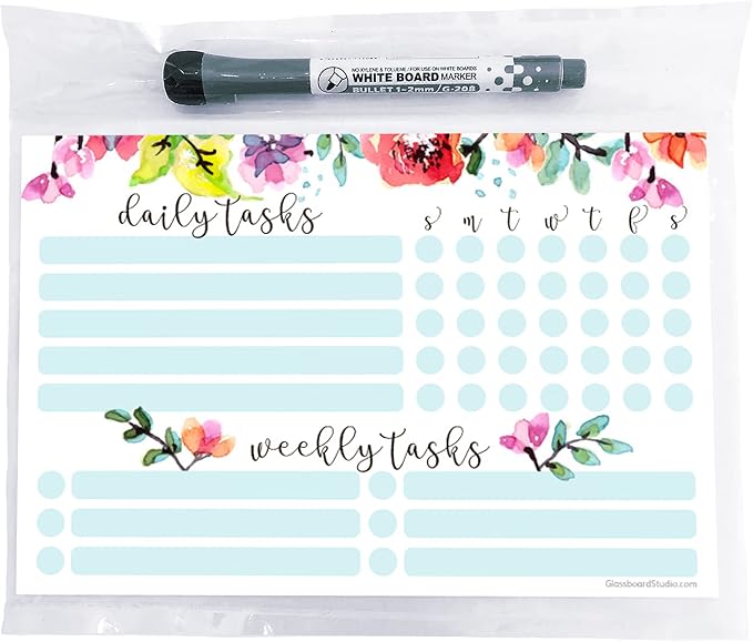 Dry Erase Whiteboard Task Planner | Removable and Restickable Adhesive Decal | Fine-Tip Magnetic Marker Included (6 x 9 inches, Floral)