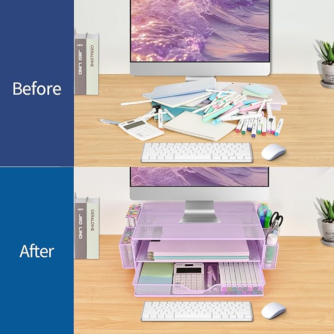 AUPSEN Computer Monitor Stands Riser,2-Tier Desk Organizers and Accessories, Office Desk Accessories Organizer with Drawers and 2 Pen Holder for Office Supplies (Purple)
