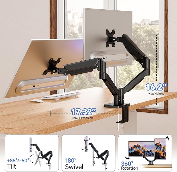 Dual Monitor Mount, Adjustable Monitor Desk Mount Swivel VESA Bracket with C Clamp, Computer Monitor Arms Up to 32 Inches, Hold Max 22lbs, Black