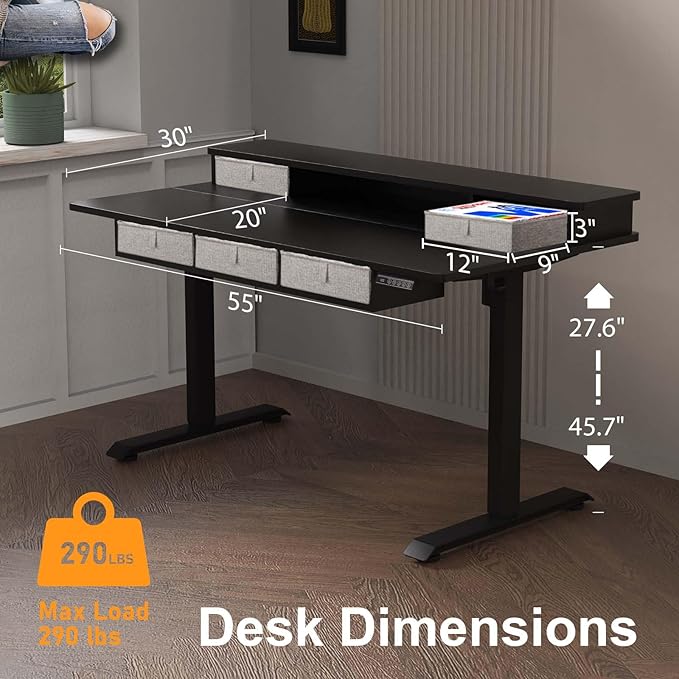 XINYAO Electric Standing Desk with 5 Drawers, 55x30 Inch Extra Wide Height Adjustable Sit Stand Up Desk with Storage Support 290lbs Ergonomic Rising Table with Wheels for Home Office