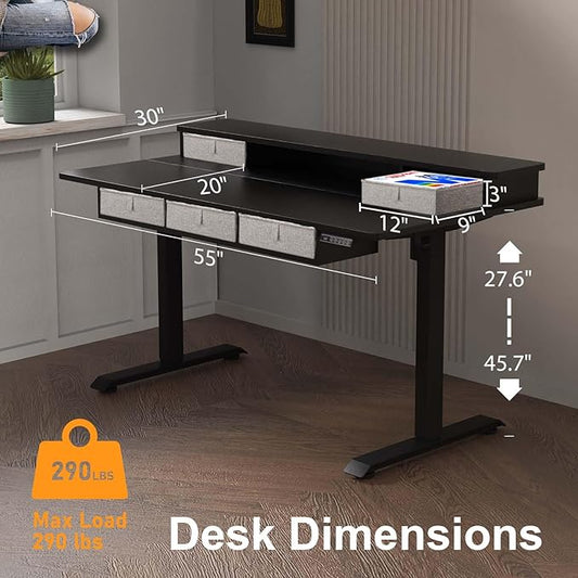XINYAO Electric Standing Desk with 5 Drawers, 55x30 Inch Extra Wide Height Adjustable Sit Stand Up Desk with Storage Support 290lbs Ergonomic Rising Table with Wheels for Home Office