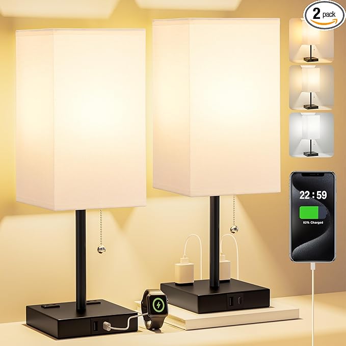 17.4In Tall Table Lamps for Bedroom Set of 2 - 3 Color Bedside Lamps with AC Outlets and USB Ports for Charging, white and Black Square Night Stand light, End DeskLamp for Living Room/Dorm/Office