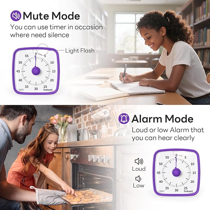 Yunbaoit Visual Timer with Night Light, 60-Minute Countdown Timer for Kids and Adults, Silent Classroom Timer, Time Management Tool for Home, School, or Work (Purple)