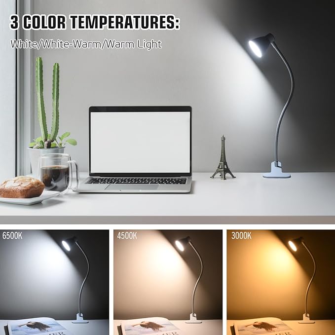 Clamp Desk Lamp, Clip on Reading Light, 3000K-6500K Adjustable Color Temperature, Multiple Illumination Modes, CRI>90, 6Watts (Adapter Not Included)