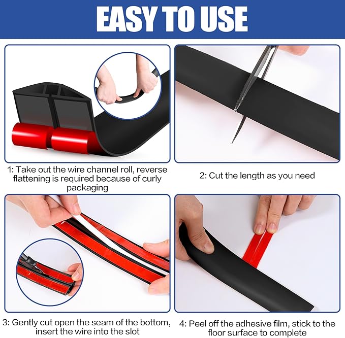 Floor Cord Cover Self Adhesive Cord Hider,10FT Cable Management, Extension Strip Protector for Wires, Prevent Cable Trips for Offices, Gyms, Exhibitions Cavity:0.39"(W) x 0.27"(H) Black