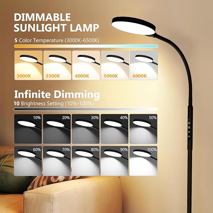 Light Therapy Lamp, 3 in 1 Therapy Floor Lighting, 11000 Lux Full Spectrum Therapy Lamps, UV-Free LED Sunlight, 10 Brightness/5Color/Gooseneck/Height Adjustable with Timer Control, Black