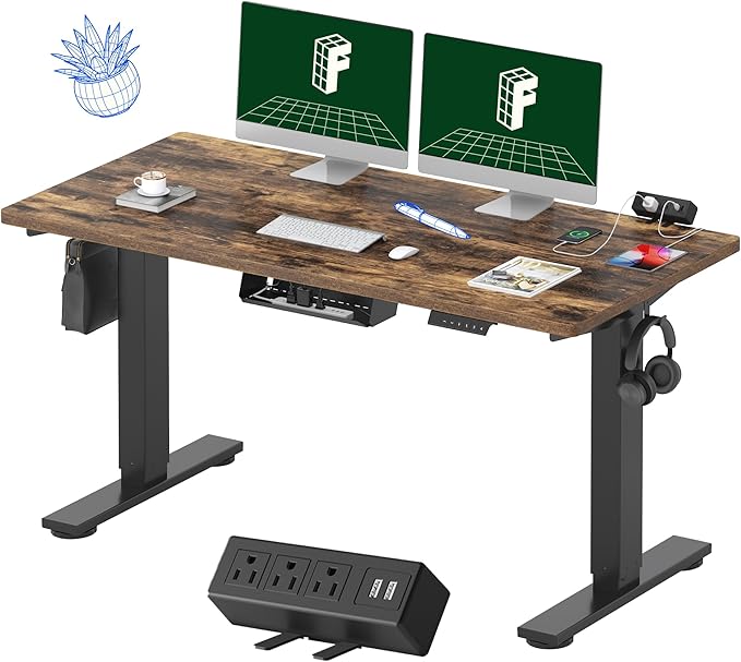 FLEXISPOT EN2 Whole-Piece Standing Desk with Clamp Power Strip, 55 x 28 Electric Stand Up Height Adjustable Desk with Cable Management (Black Frame + 55" Rustic Brown Desktop, 2 Packages)