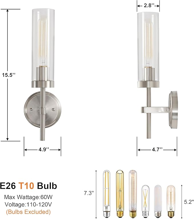 Wall Sconces Set of Two,Brushed Nickel Bathroom Sconces Wall Lighting with Clear Glass, Modern Sconces Wall Decor Set of 2 Wall Light fixtures for Bathroom Mirror Living Room Hallway Bedroom Wall Lamp